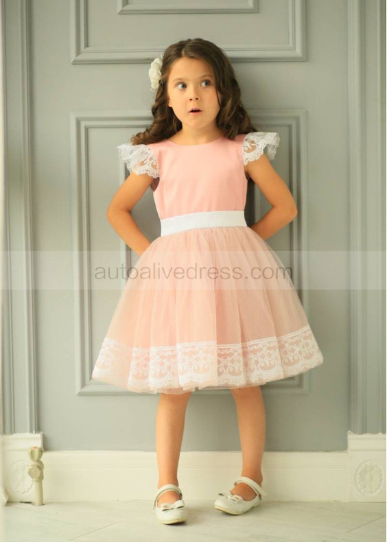 Lace Sleeve Pink Flower Girl Dress